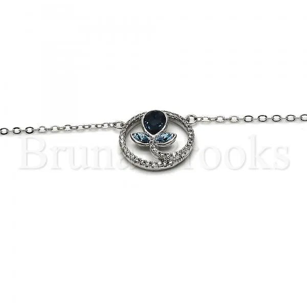 Rhodium Plated 04.26.0021.16 Fancy Necklace, Flower and Teardrop Design, with Montana and Aquamarine Swarovski Crystals, Polished Finish, Rhodium Tone