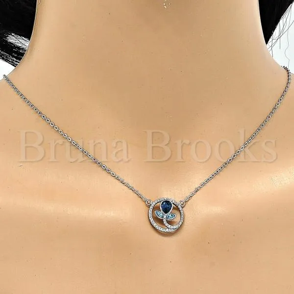 Rhodium Plated 04.26.0021.16 Fancy Necklace, Flower and Teardrop Design, with Montana and Aquamarine Swarovski Crystals, Polished Finish, Rhodium Tone