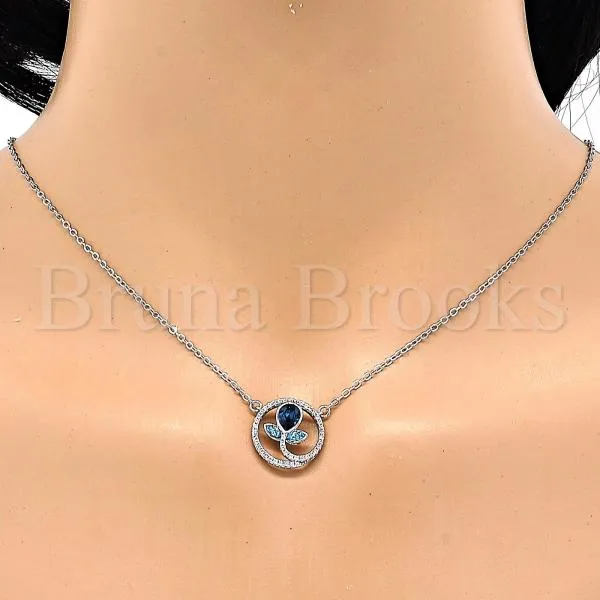 Rhodium Plated 04.26.0021.16 Fancy Necklace, Flower and Teardrop Design, with Montana and Aquamarine Swarovski Crystals, Polished Finish, Rhodium Tone