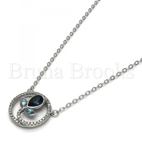 Rhodium Plated 04.26.0021.16 Fancy Necklace, Flower and Teardrop Design, with Montana and Aquamarine Swarovski Crystals, Polished Finish, Rhodium Tone