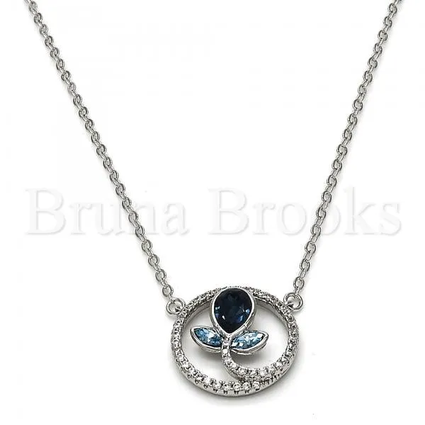 Rhodium Plated 04.26.0021.16 Fancy Necklace, Flower and Teardrop Design, with Montana and Aquamarine Swarovski Crystals, Polished Finish, Rhodium Tone