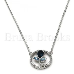 Rhodium Plated 04.26.0021.16 Fancy Necklace, Flower and Teardrop Design, with Montana and Aquamarine Swarovski Crystals, Polished Finish, Rhodium Tone