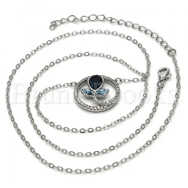 Rhodium Plated 04.26.0021.16 Fancy Necklace, Flower and Teardrop Design, with Montana and Aquamarine Swarovski Crystals, Polished Finish, Rhodium Tone