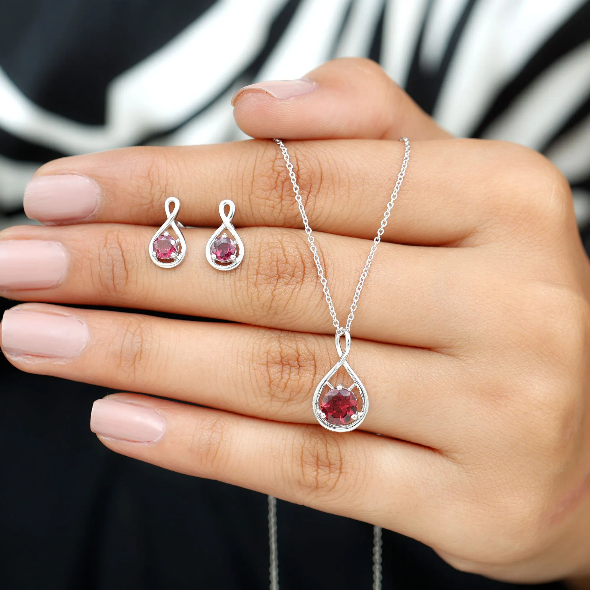 Rhodolite Solitaire and Gold Infinity Earrings and Pendant Set