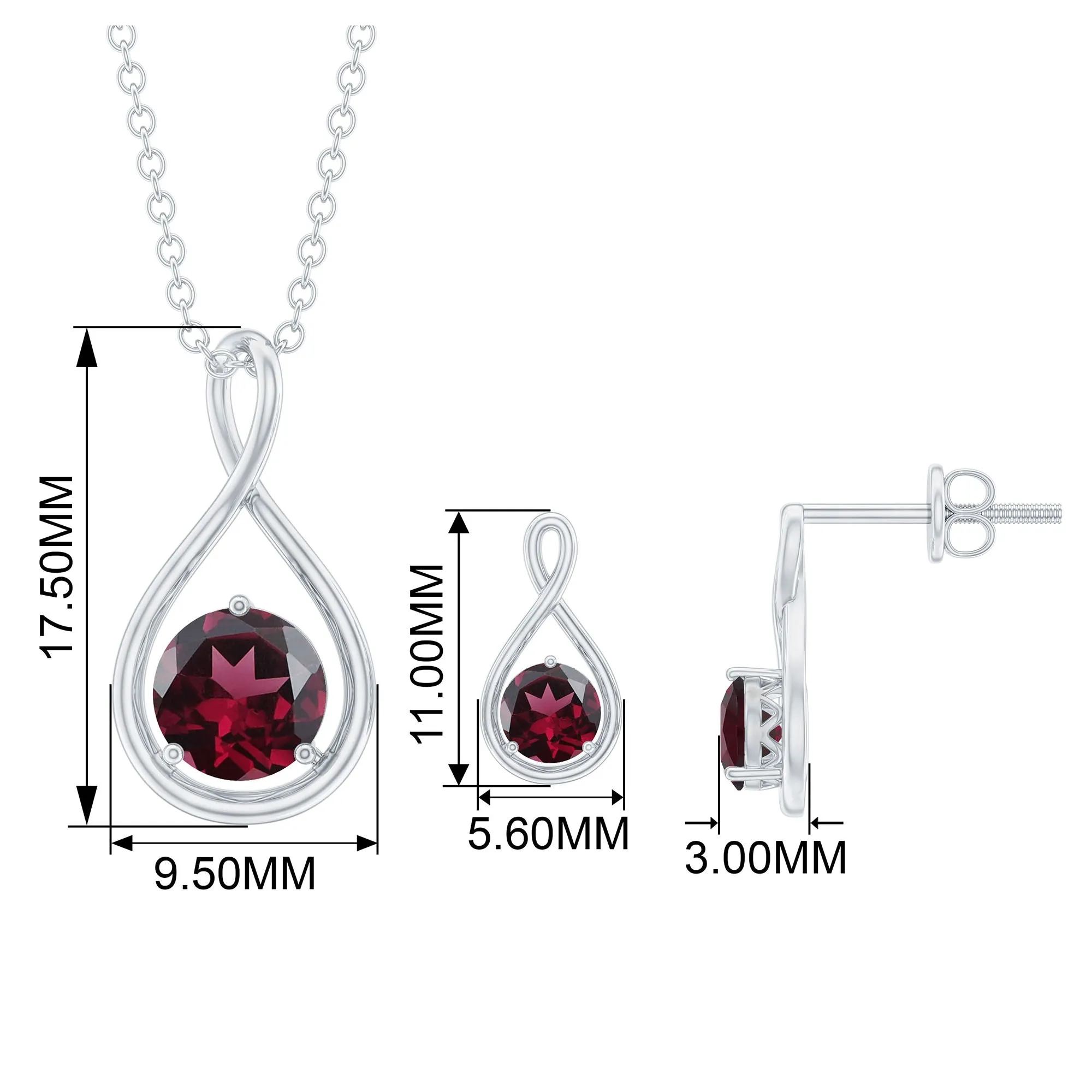 Rhodolite Solitaire and Gold Infinity Earrings and Pendant Set