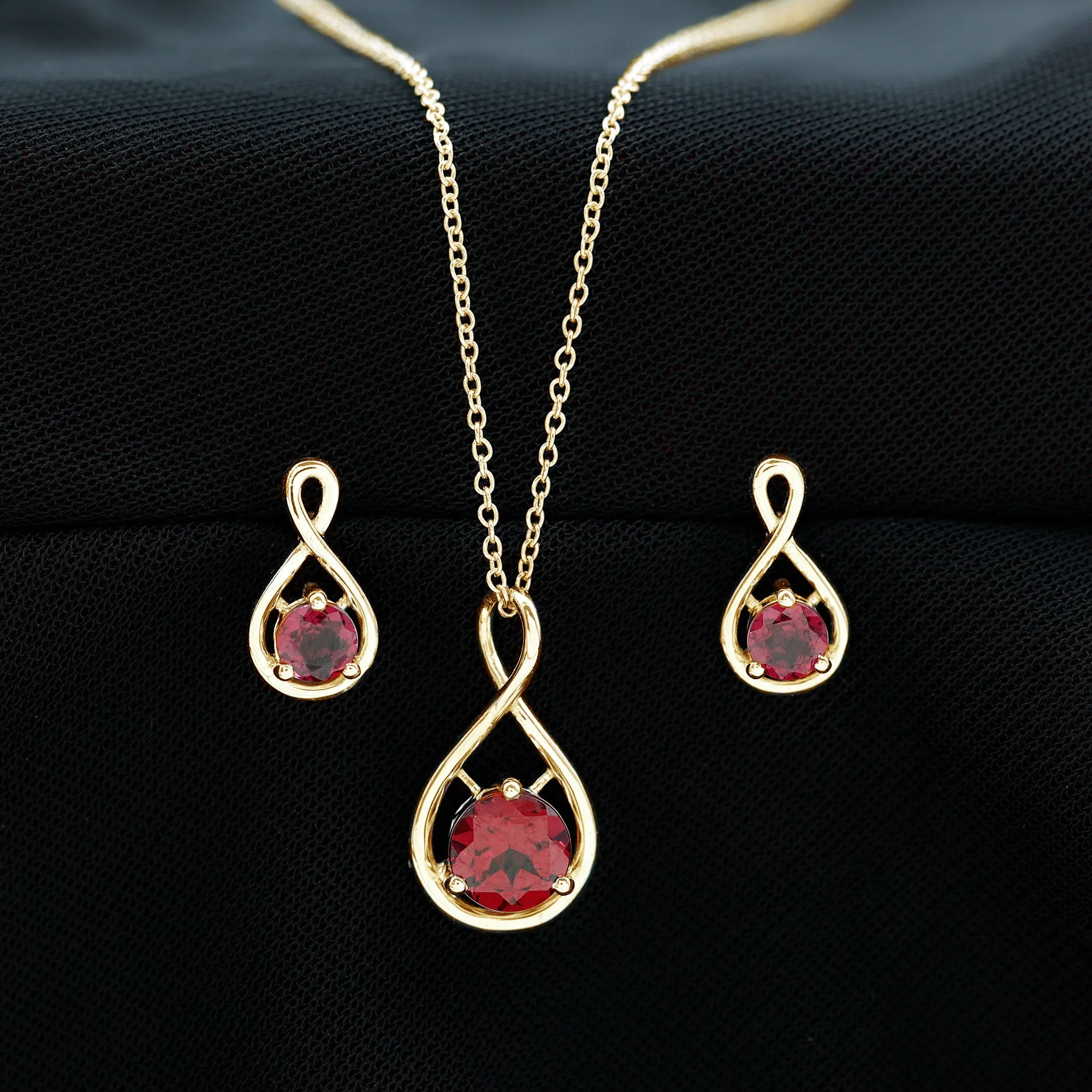 Rhodolite Solitaire and Gold Infinity Earrings and Pendant Set