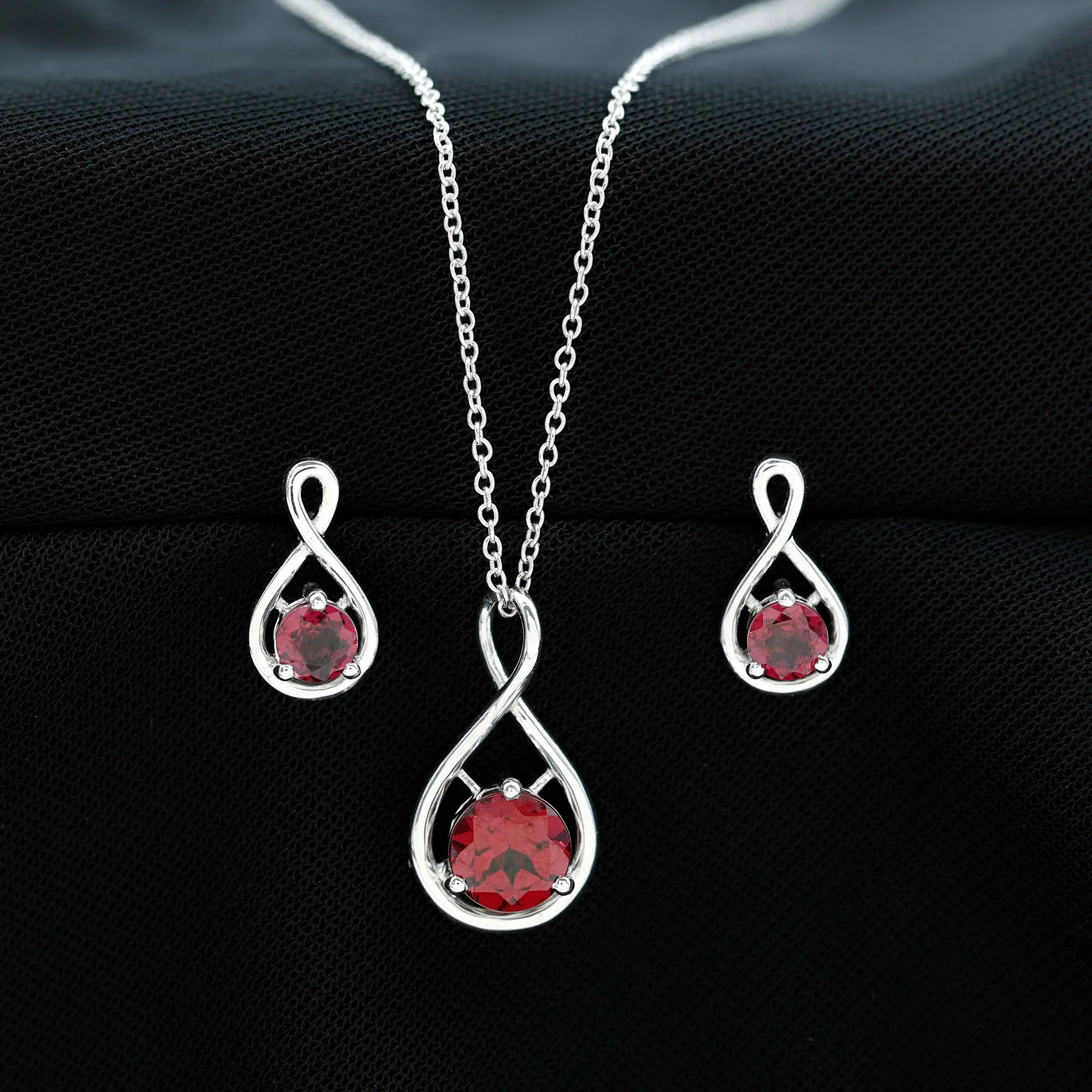 Rhodolite Solitaire and Gold Infinity Earrings and Pendant Set