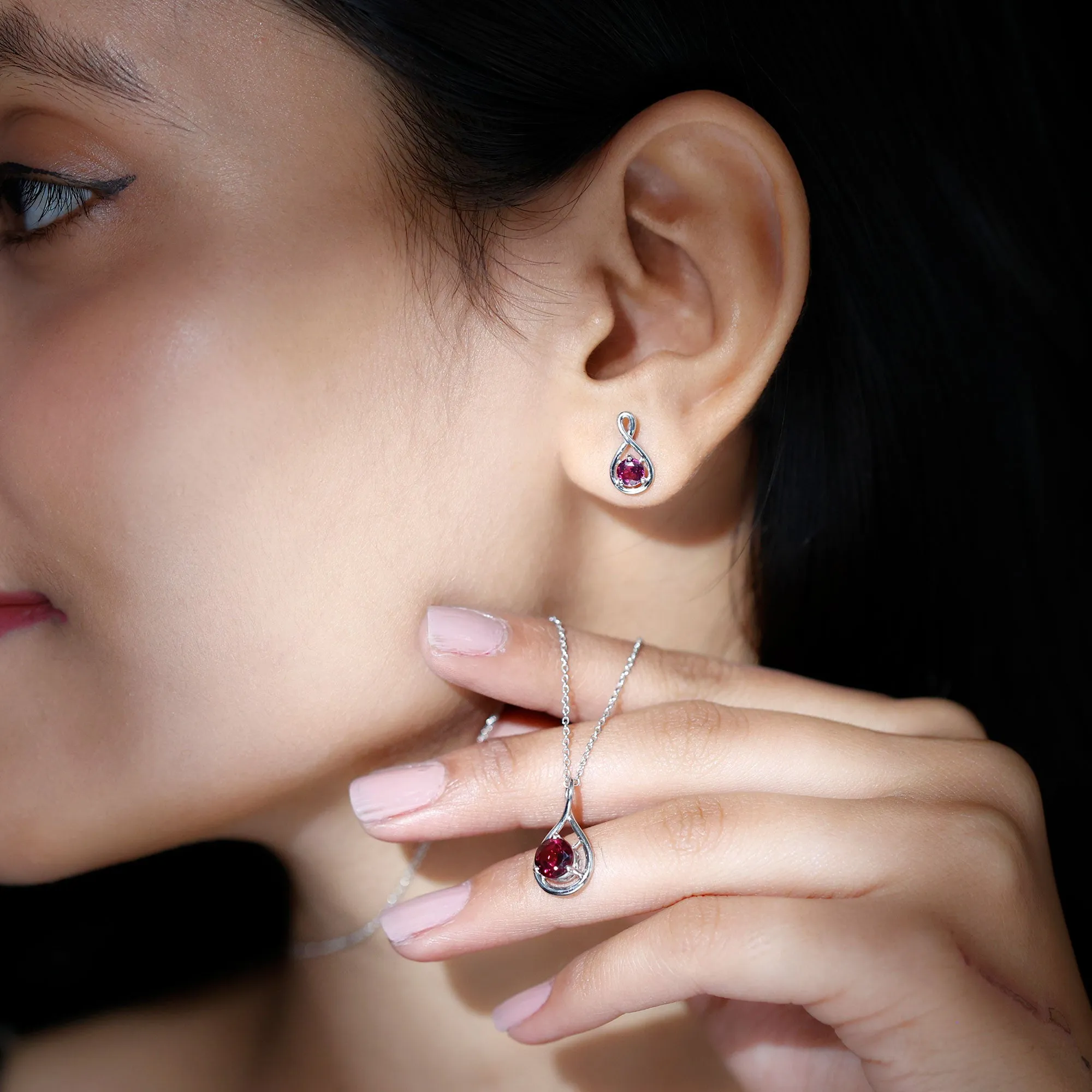Rhodolite Solitaire and Gold Infinity Earrings and Pendant Set