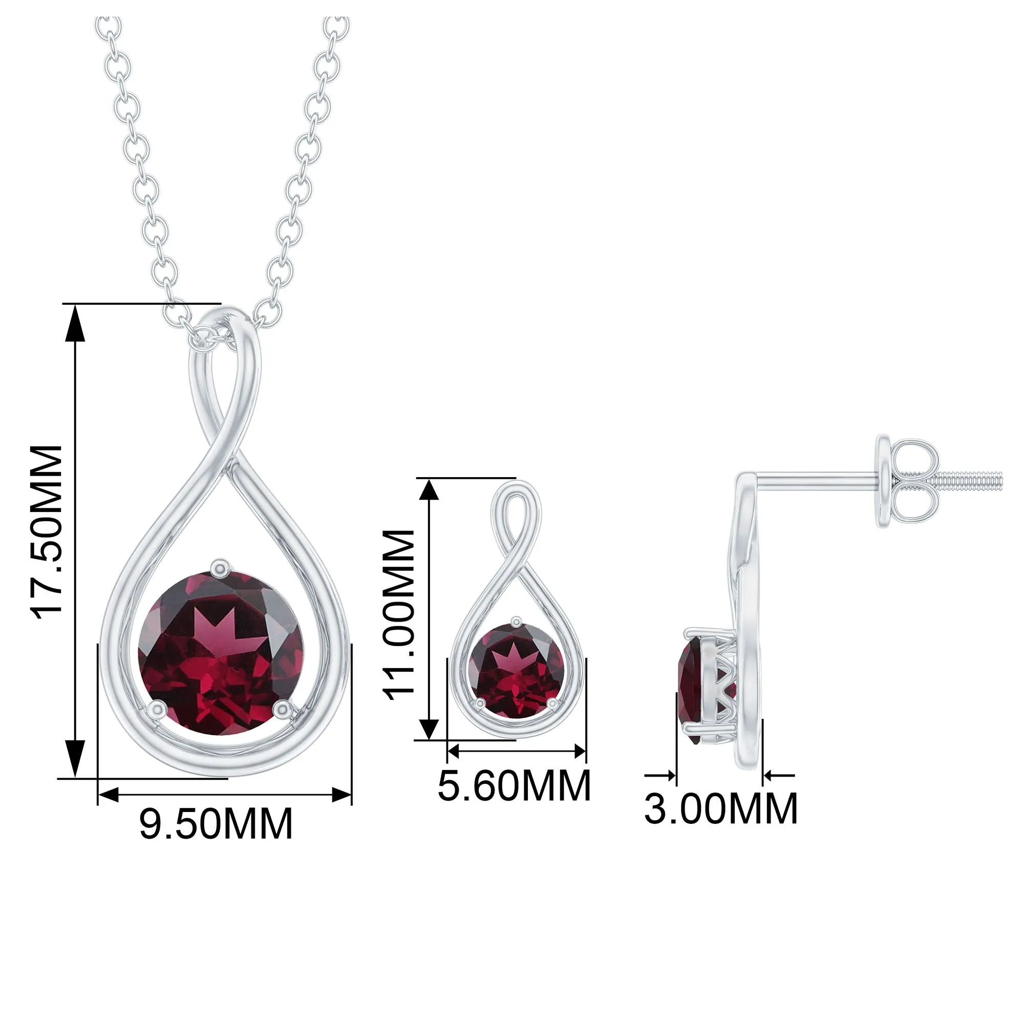 Rhodolite Solitaire and Gold Infinity Earrings and Pendant Set