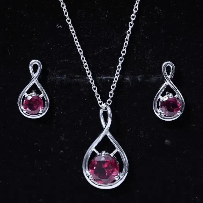 Rhodolite Solitaire and Gold Infinity Earrings and Pendant Set