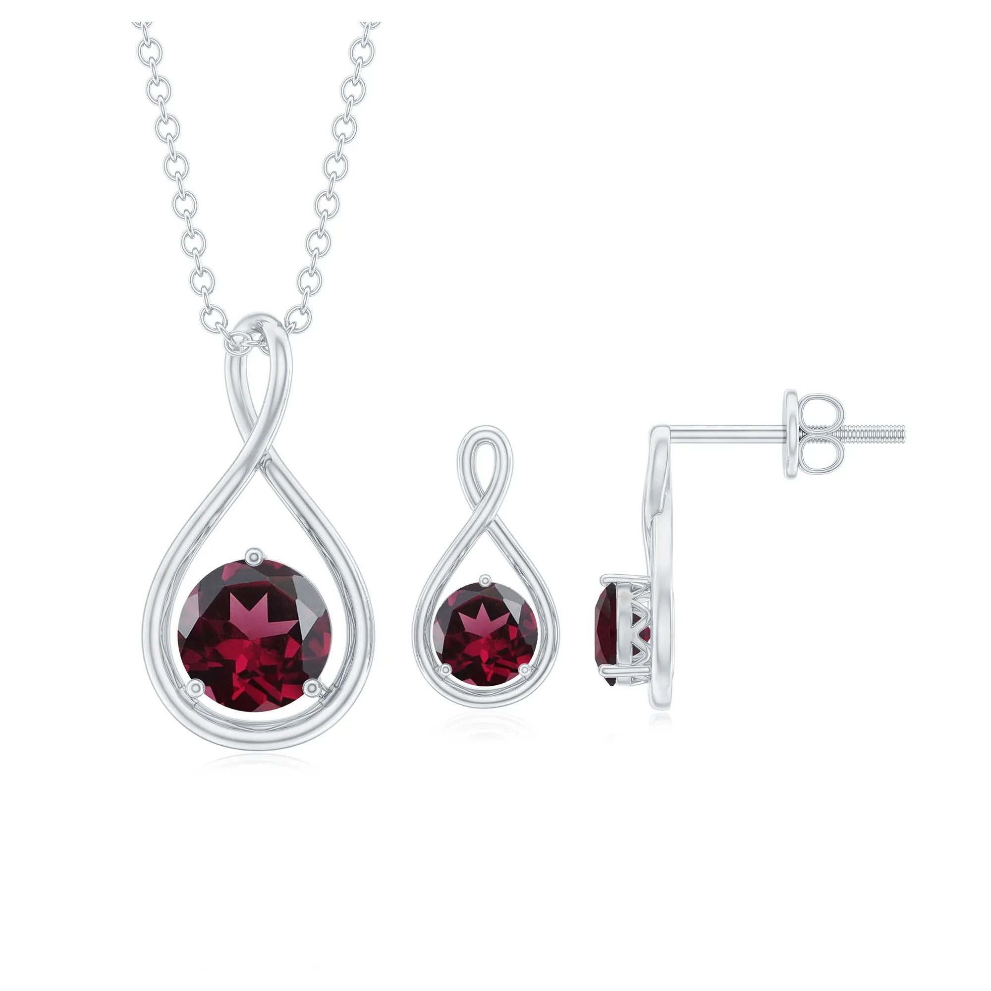 Rhodolite Solitaire and Gold Infinity Earrings and Pendant Set
