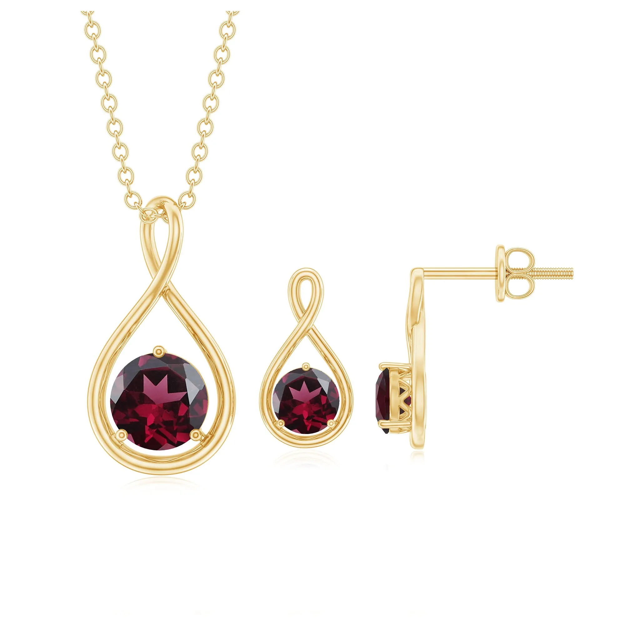 Rhodolite Solitaire and Gold Infinity Earrings and Pendant Set