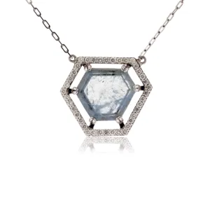 Rough Aquamarine & Diamond Halo Style Pendant