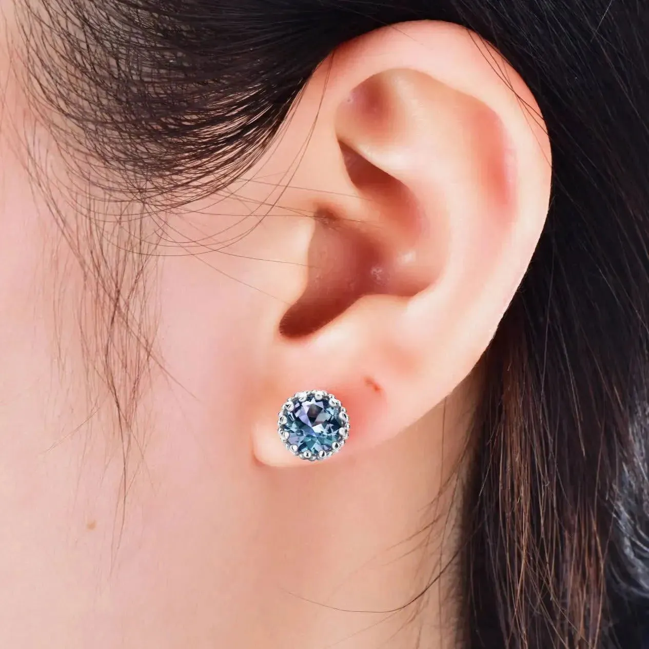 Round Shape Alexandrite Designer Stud Earrings in 925 Sterling Silver - Irosk Australia®