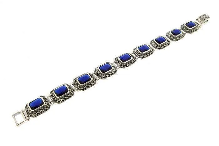 Silver Marcasite Sapphire Bracelet Square Blue Crystal