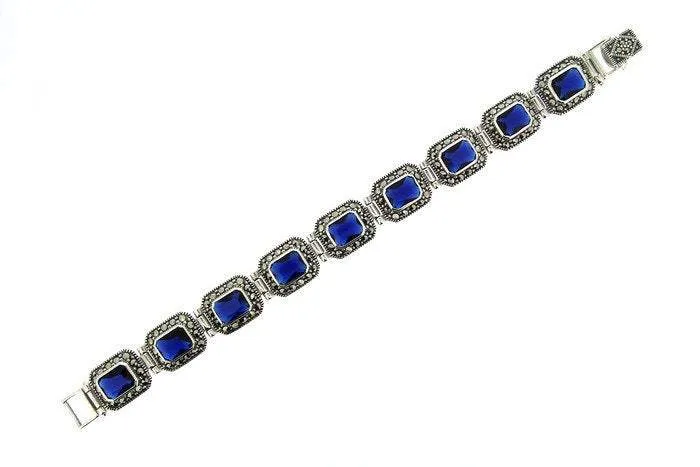 Silver Marcasite Sapphire Bracelet Square Blue Crystal