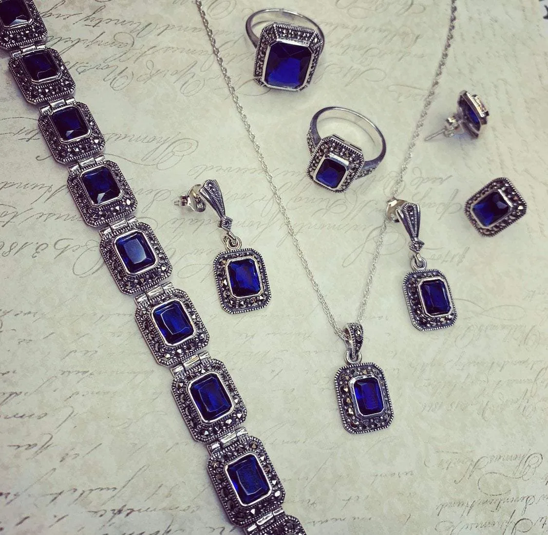 Silver Marcasite Sapphire Bracelet Square Blue Crystal