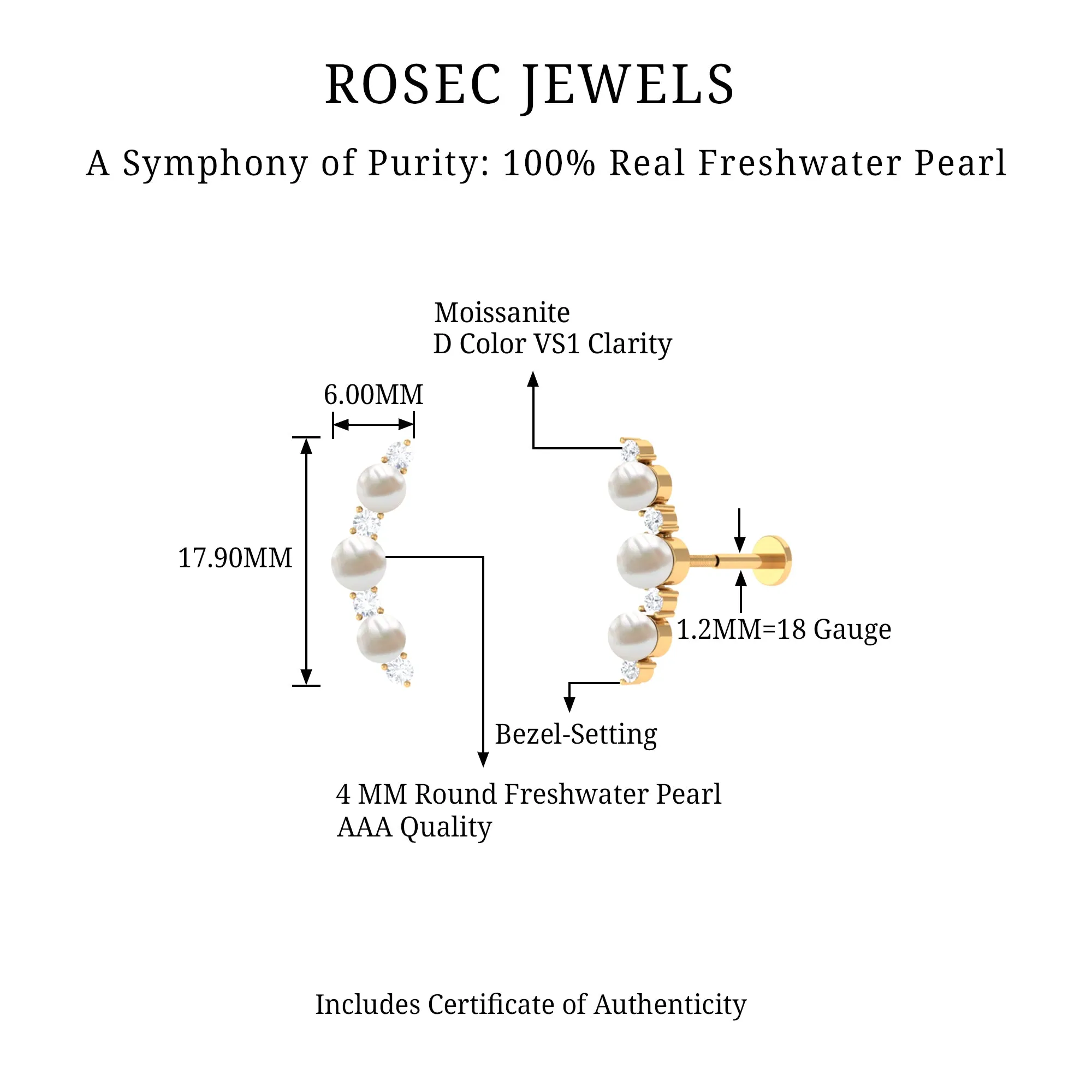 Simple Freshwater Pearl and Moissanite Climber Earring