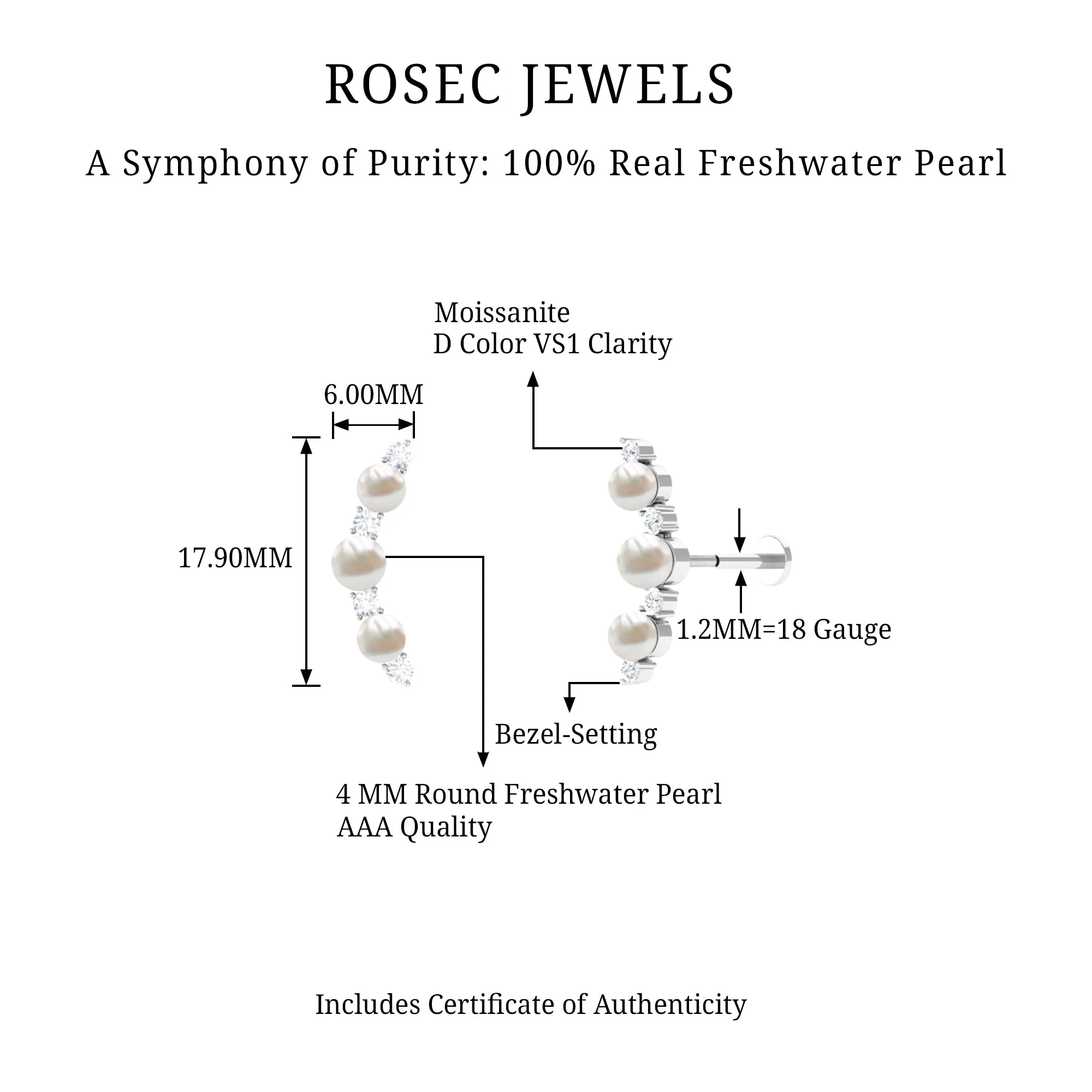 Simple Freshwater Pearl and Moissanite Climber Earring