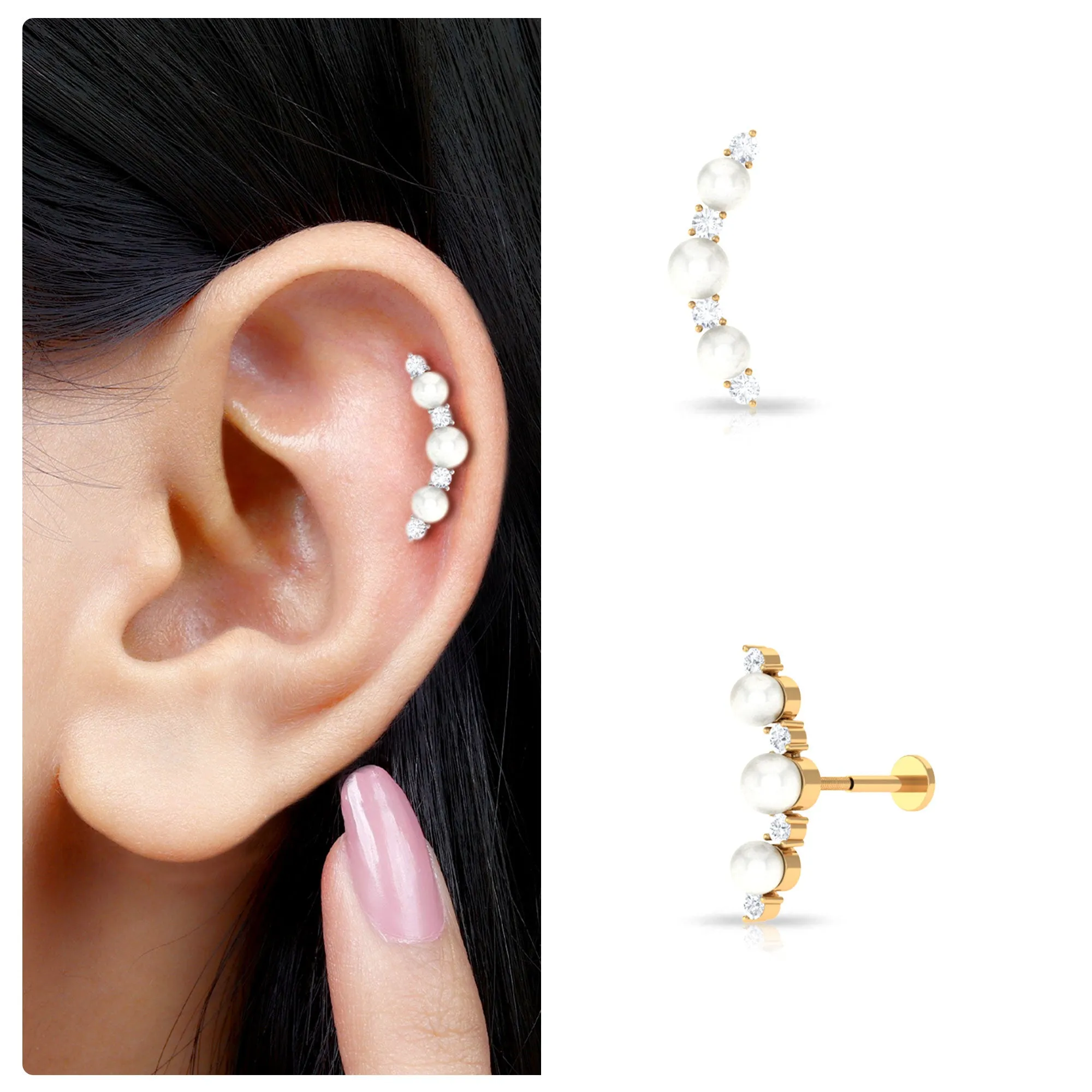 Simple Freshwater Pearl and Moissanite Climber Earring