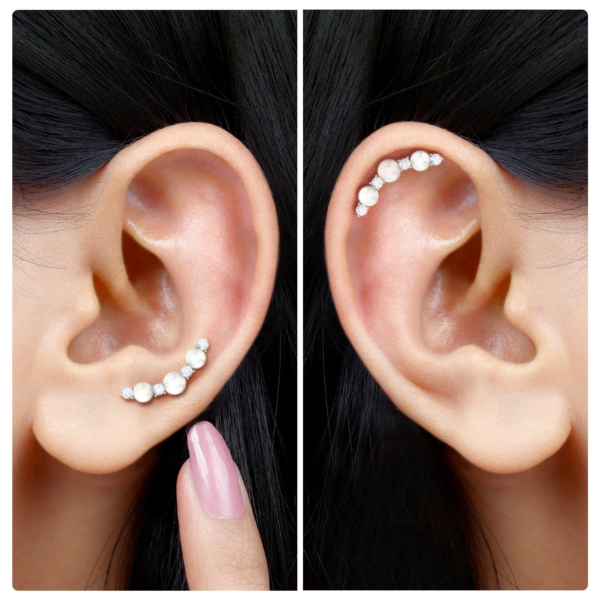 Simple Freshwater Pearl and Moissanite Climber Earring