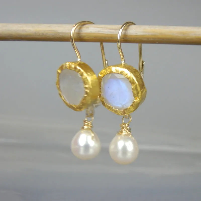 Solid Gold Moonstone Pearl Earrings