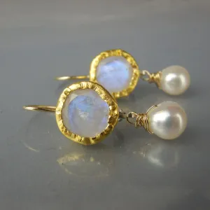 Solid Gold Moonstone Pearl Earrings