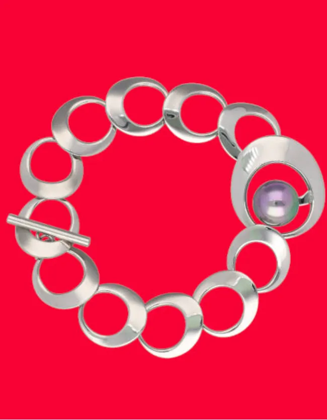 Steel Bracelet for Women with Organic Pearl, 12mm Round Grey Pearl, 7.8" Length, Petra Collection