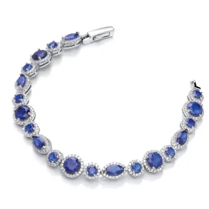Sterling Silver Blue Sapphire CZ Marquise Halo Bracelet