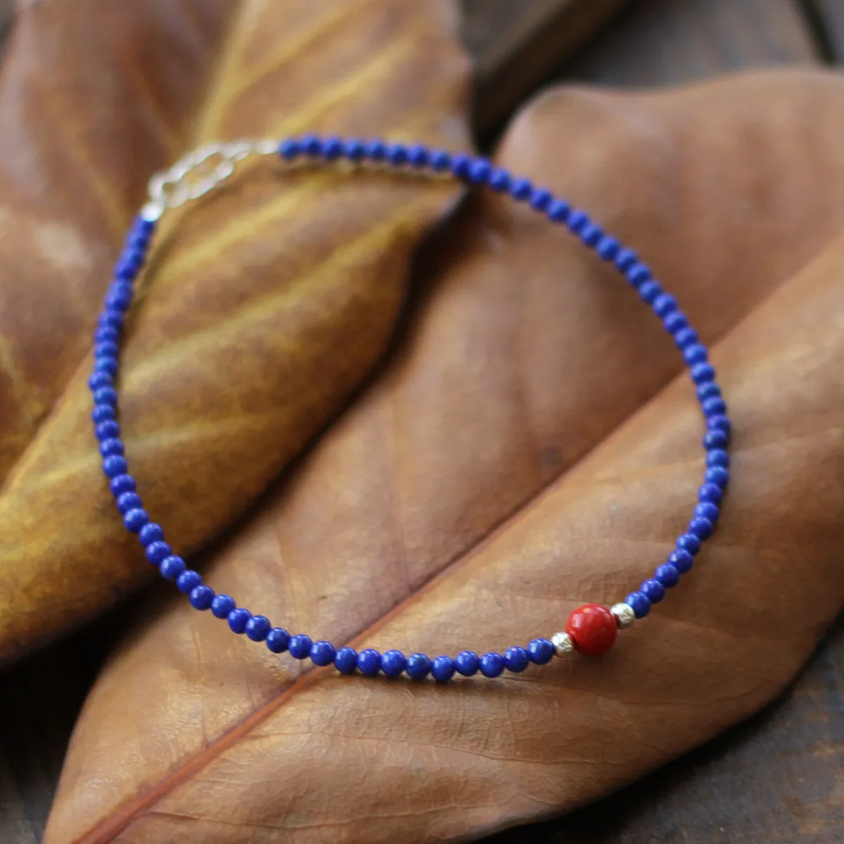 Sterling Silver Lapis Lazuli Cinnabar Bead Bracelet Handmade Jewelry Accessories Women
