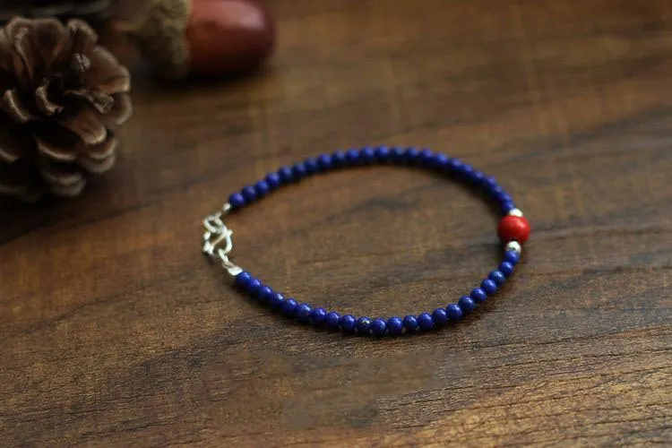 Sterling Silver Lapis Lazuli Cinnabar Bead Bracelet Handmade Jewelry Accessories Women