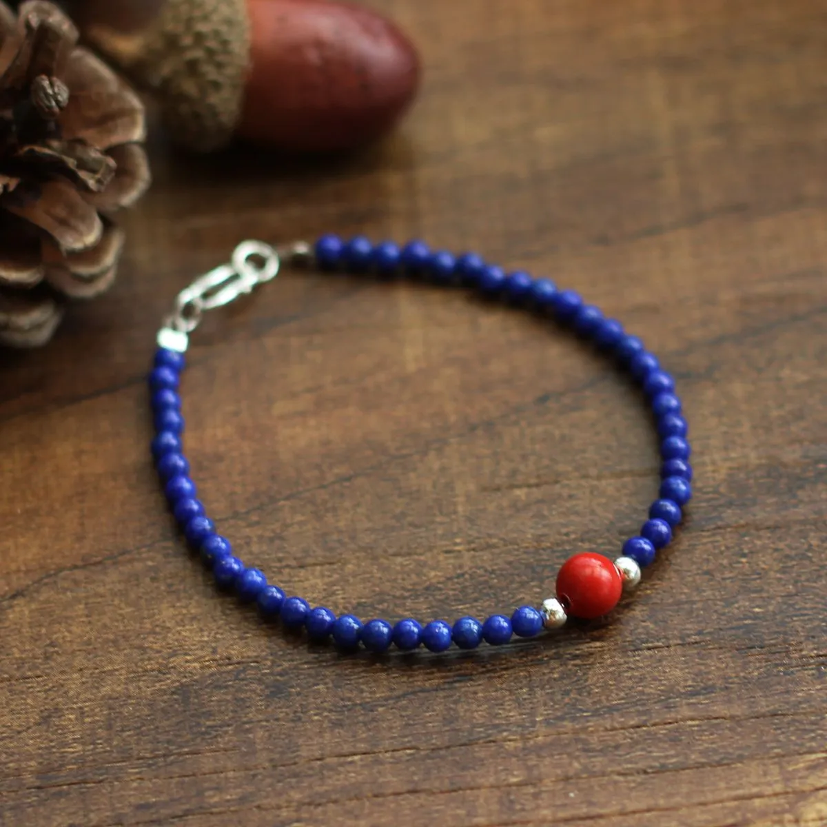 Sterling Silver Lapis Lazuli Cinnabar Bead Bracelet Handmade Jewelry Accessories Women