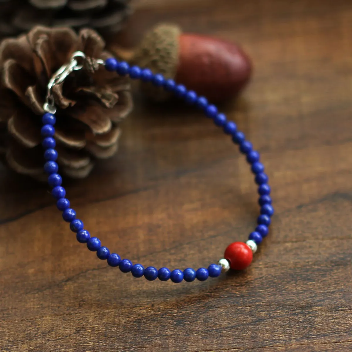 Sterling Silver Lapis Lazuli Cinnabar Bead Bracelet Handmade Jewelry Accessories Women