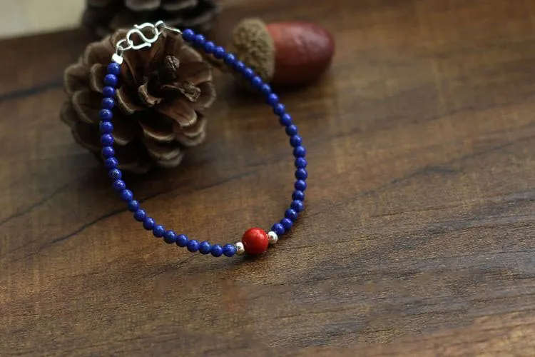 Sterling Silver Lapis Lazuli Cinnabar Bead Bracelet Handmade Jewelry Accessories Women