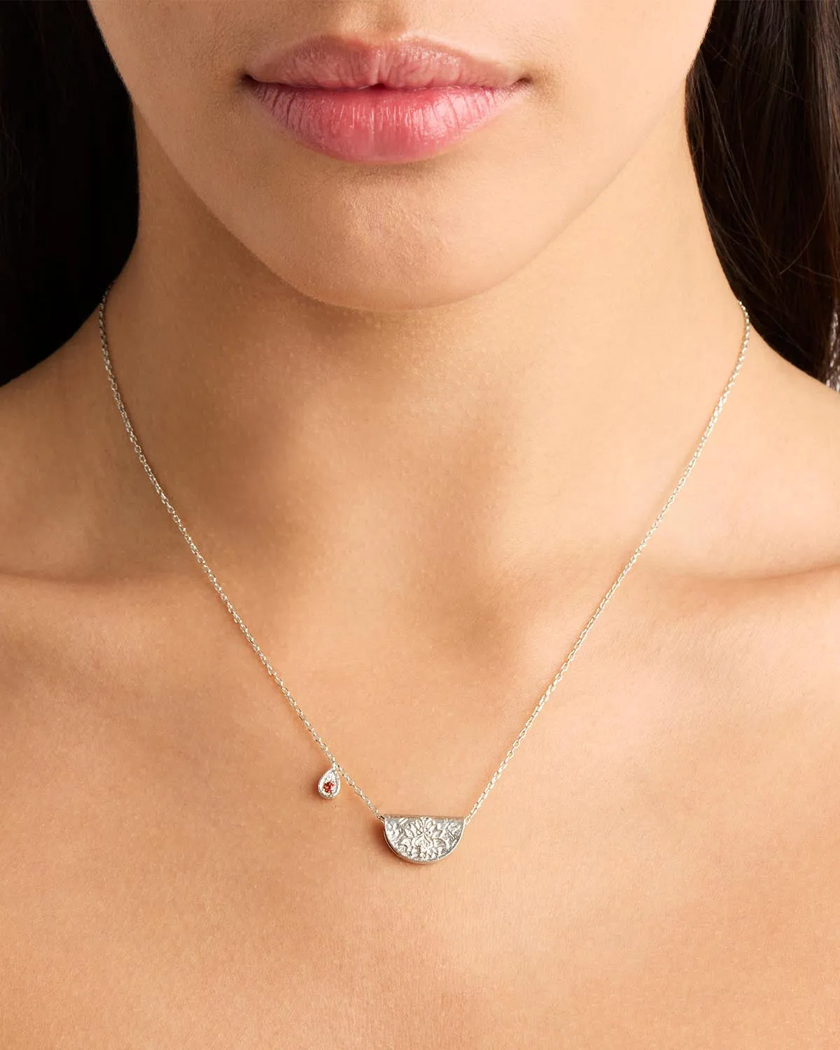 Sterling Silver Lotus Birthstone Necklace - January - Garnet
