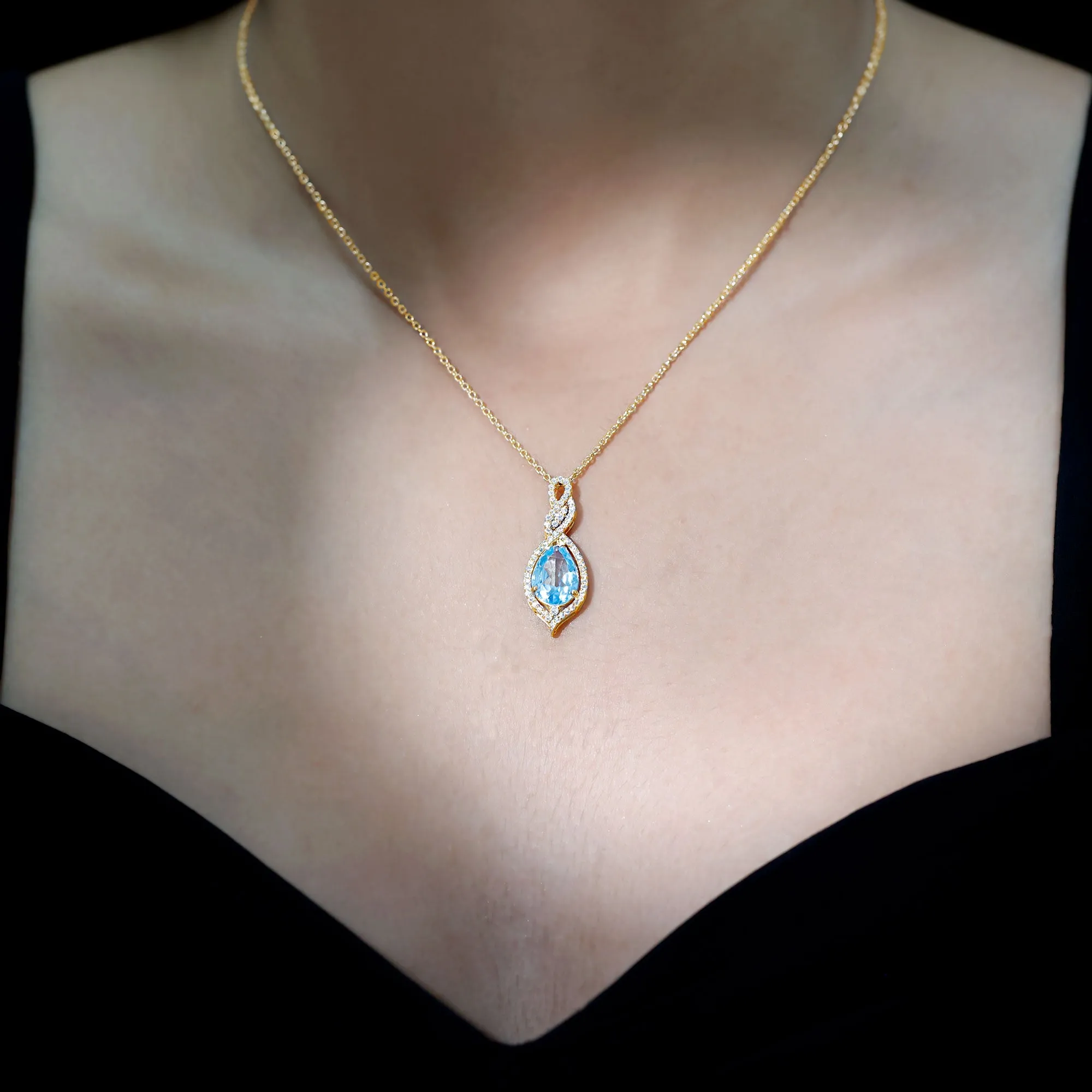 Swiss Blue Topaz Teardrop Dangle Pendant with Moissanite Accent