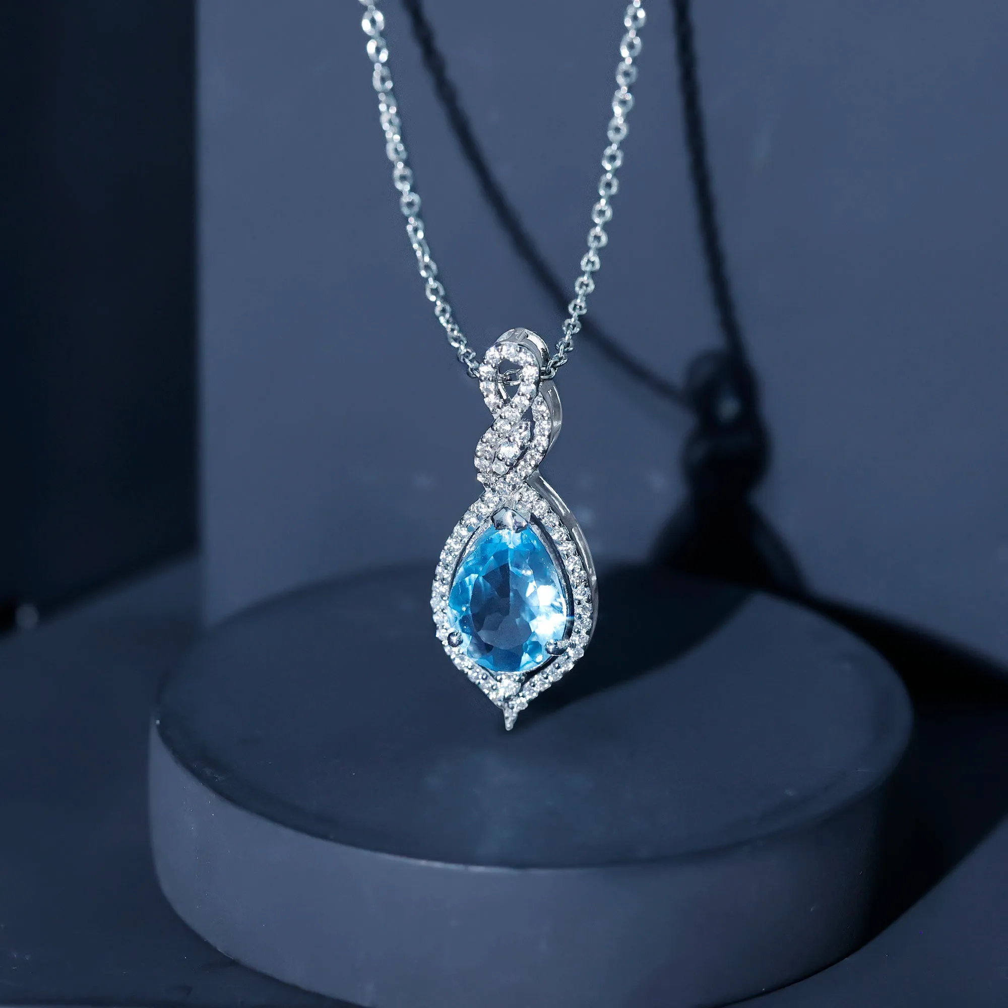 Swiss Blue Topaz Teardrop Dangle Pendant with Moissanite Accent