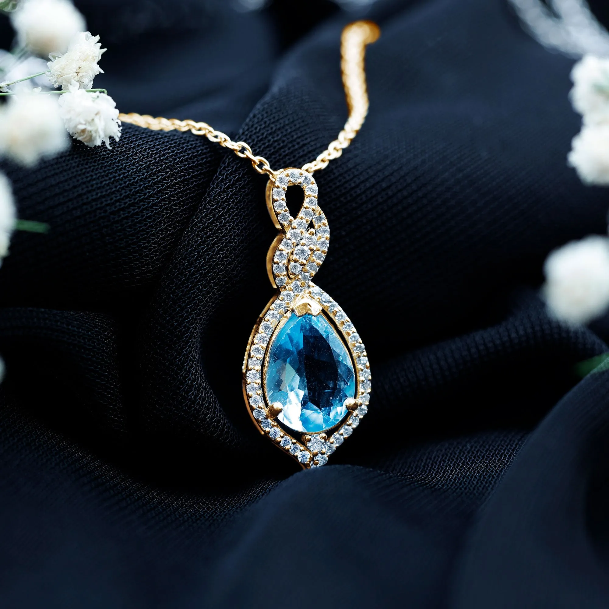 Swiss Blue Topaz Teardrop Dangle Pendant with Moissanite Accent