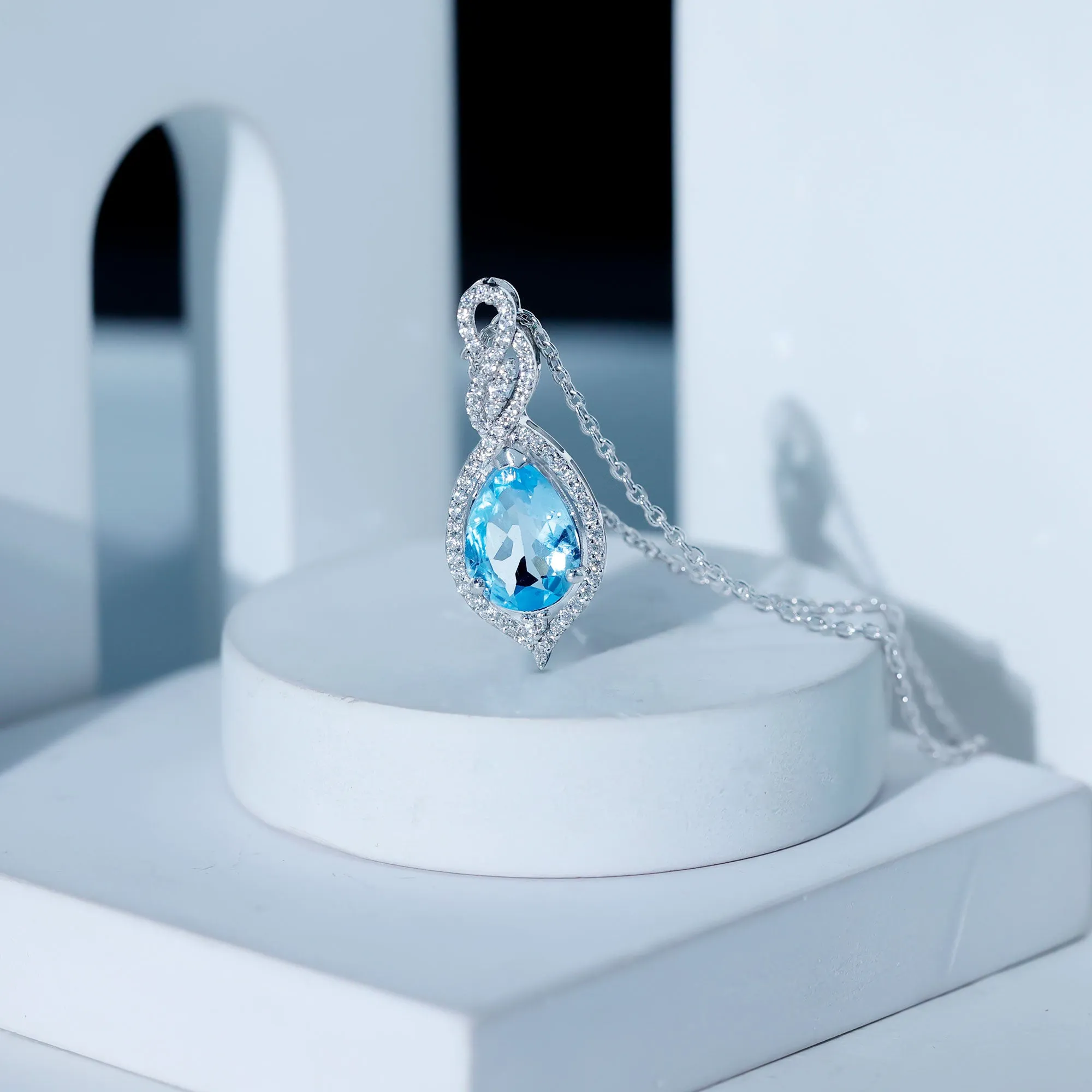 Swiss Blue Topaz Teardrop Dangle Pendant with Moissanite Accent
