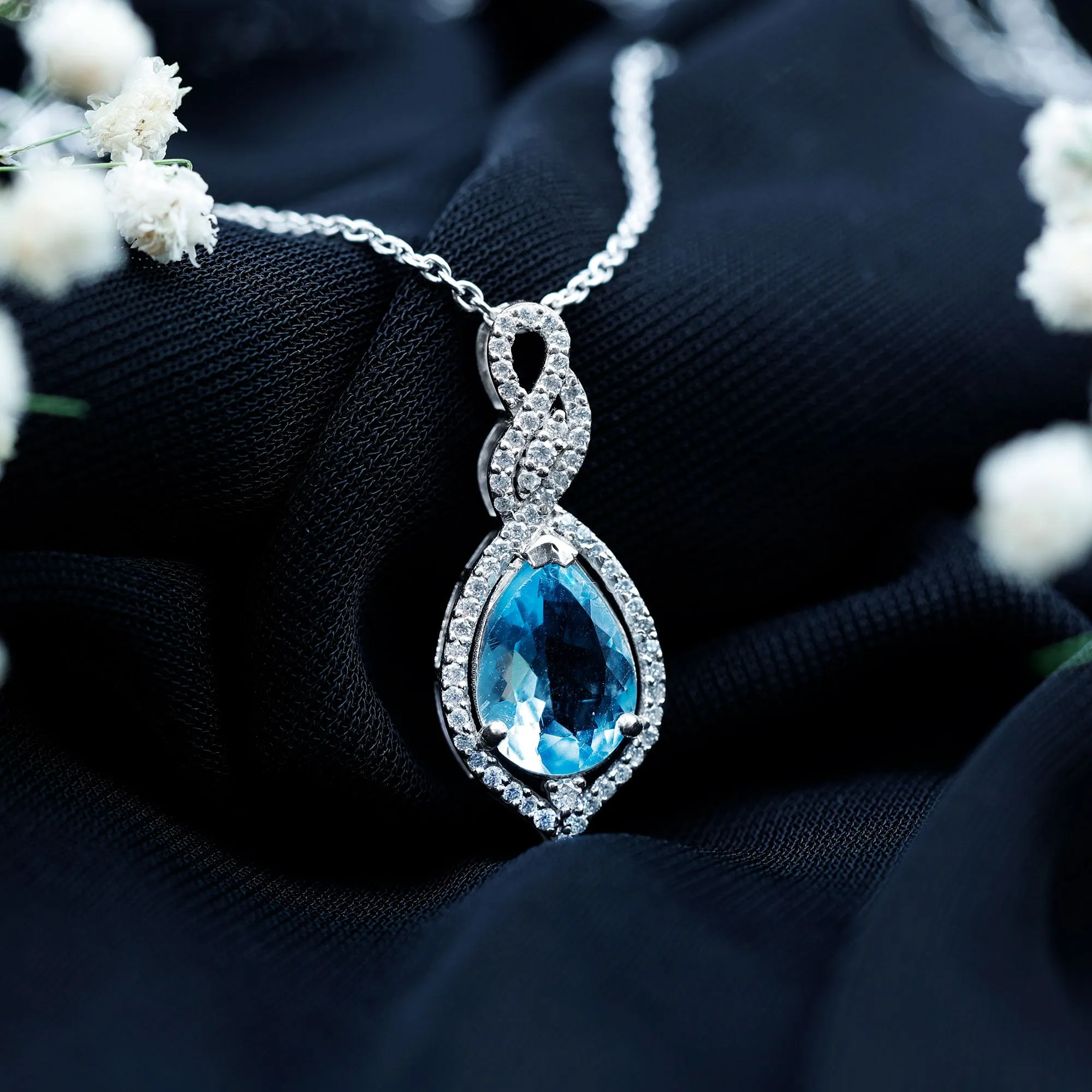 Swiss Blue Topaz Teardrop Dangle Pendant with Moissanite Accent