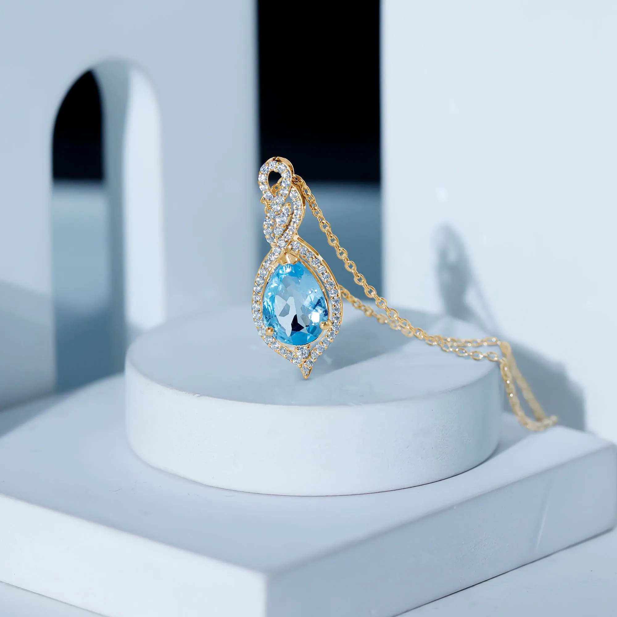 Swiss Blue Topaz Teardrop Dangle Pendant with Moissanite Accent