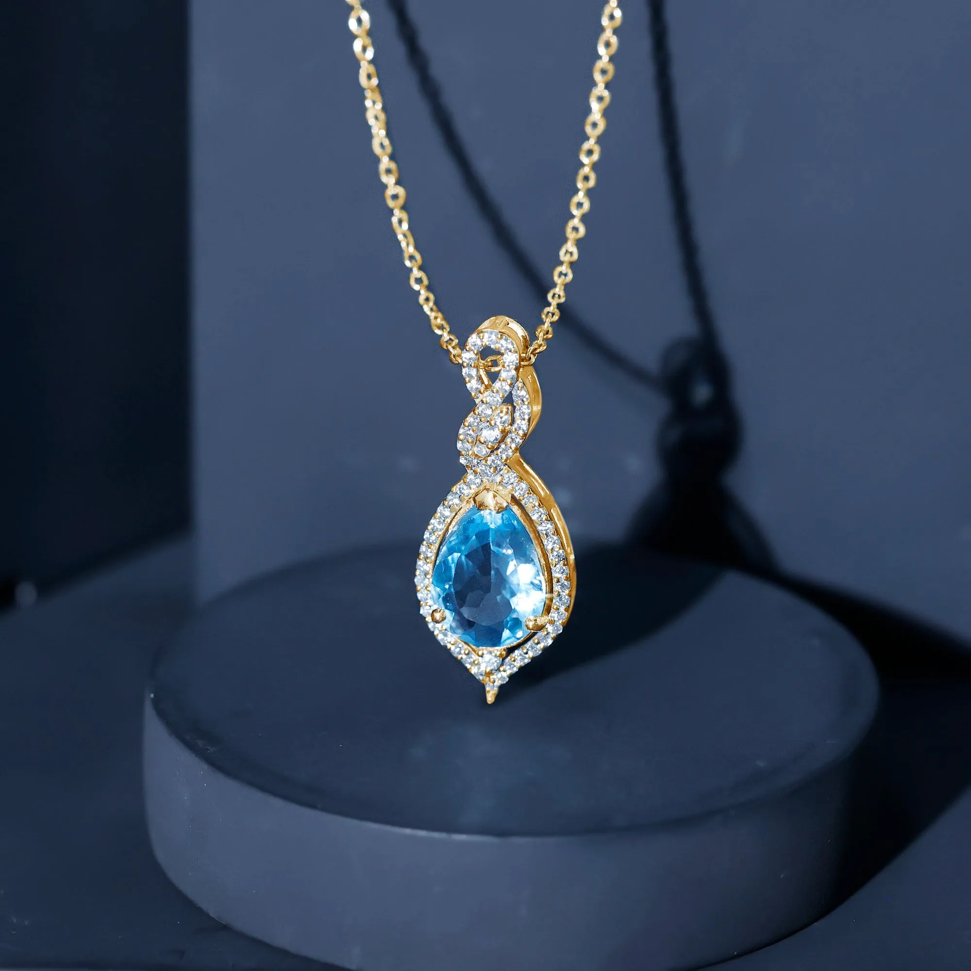 Swiss Blue Topaz Teardrop Dangle Pendant with Moissanite Accent