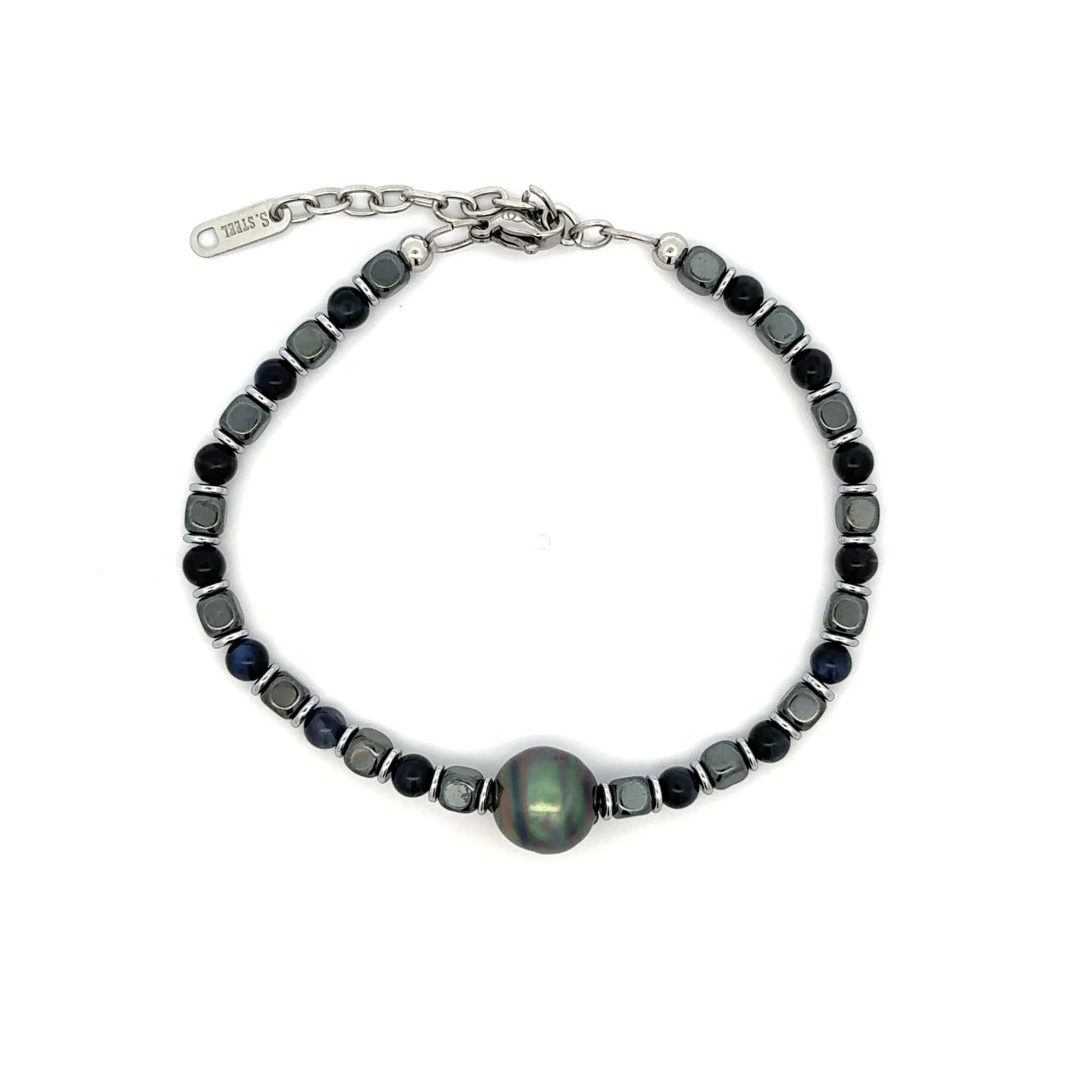 Tahitian Pearl and Silver/Black/Grey Hematite Natural Stone Variable Length Bracelet