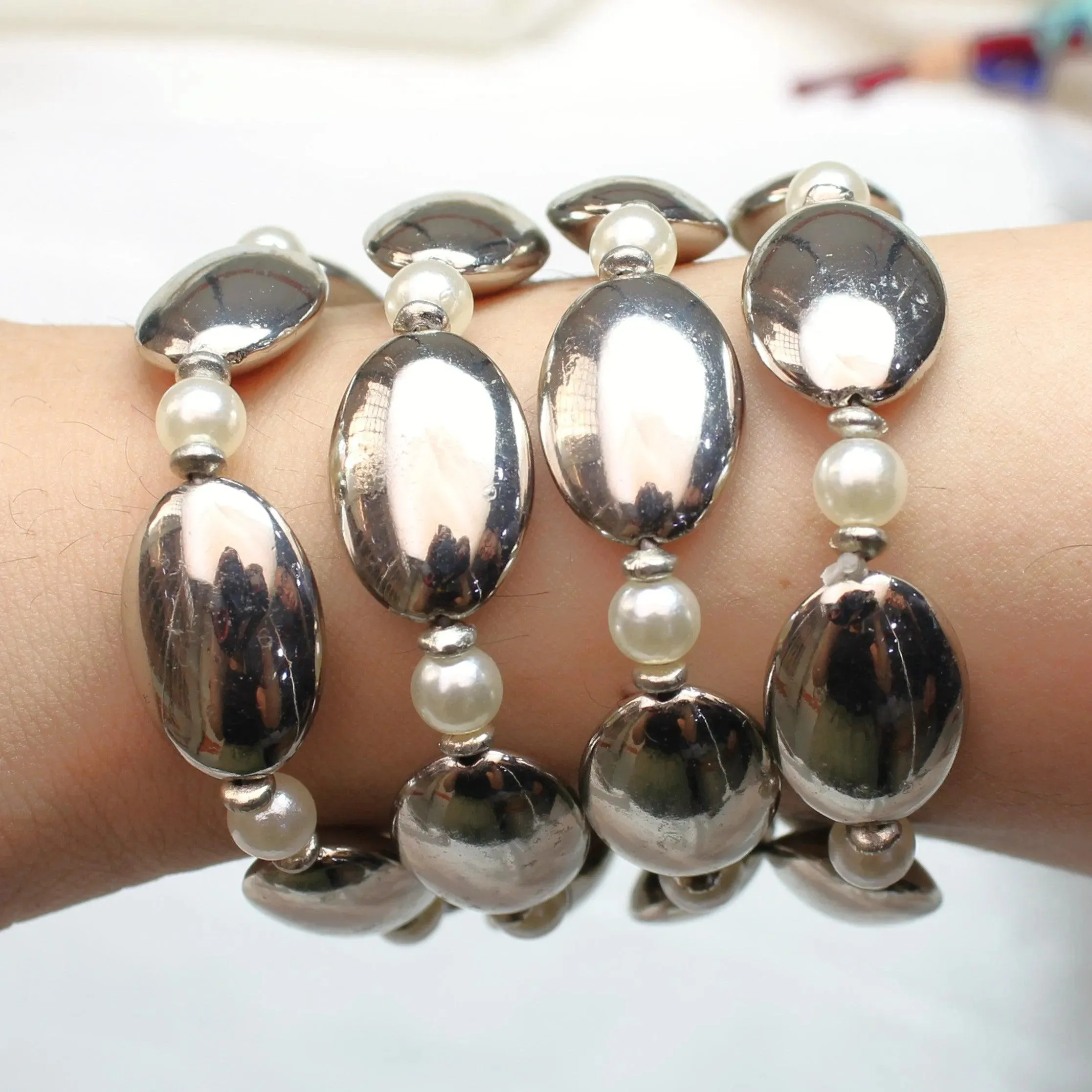 TFC Long Bold Beads With Pearls Silver Plated Stacked Bracelet (Set of 4)