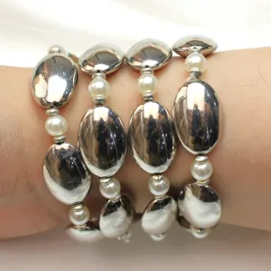 TFC Long Bold Beads With Pearls Silver Plated Stacked Bracelet (Set of 4)