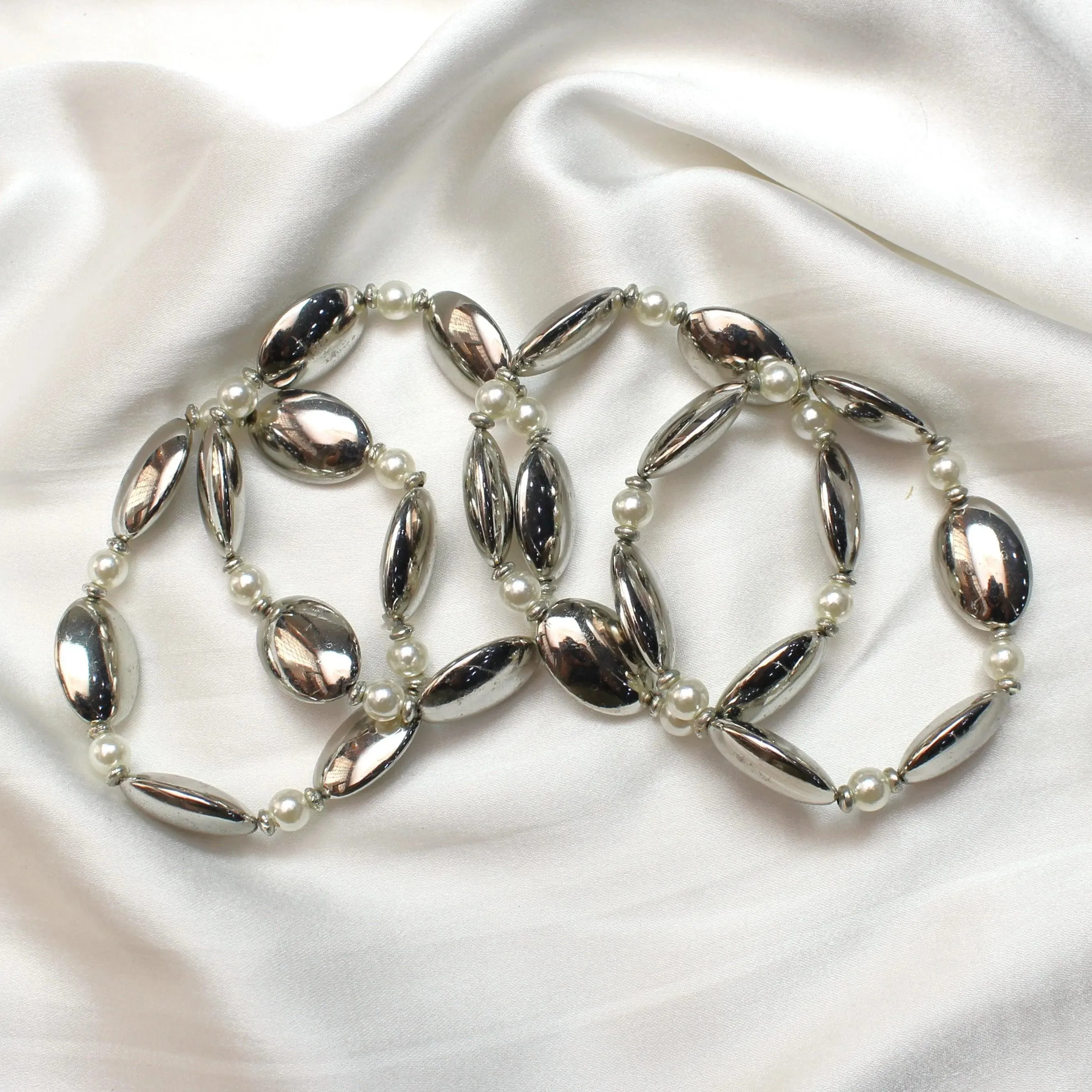 TFC Long Bold Beads With Pearls Silver Plated Stacked Bracelet (Set of 4)