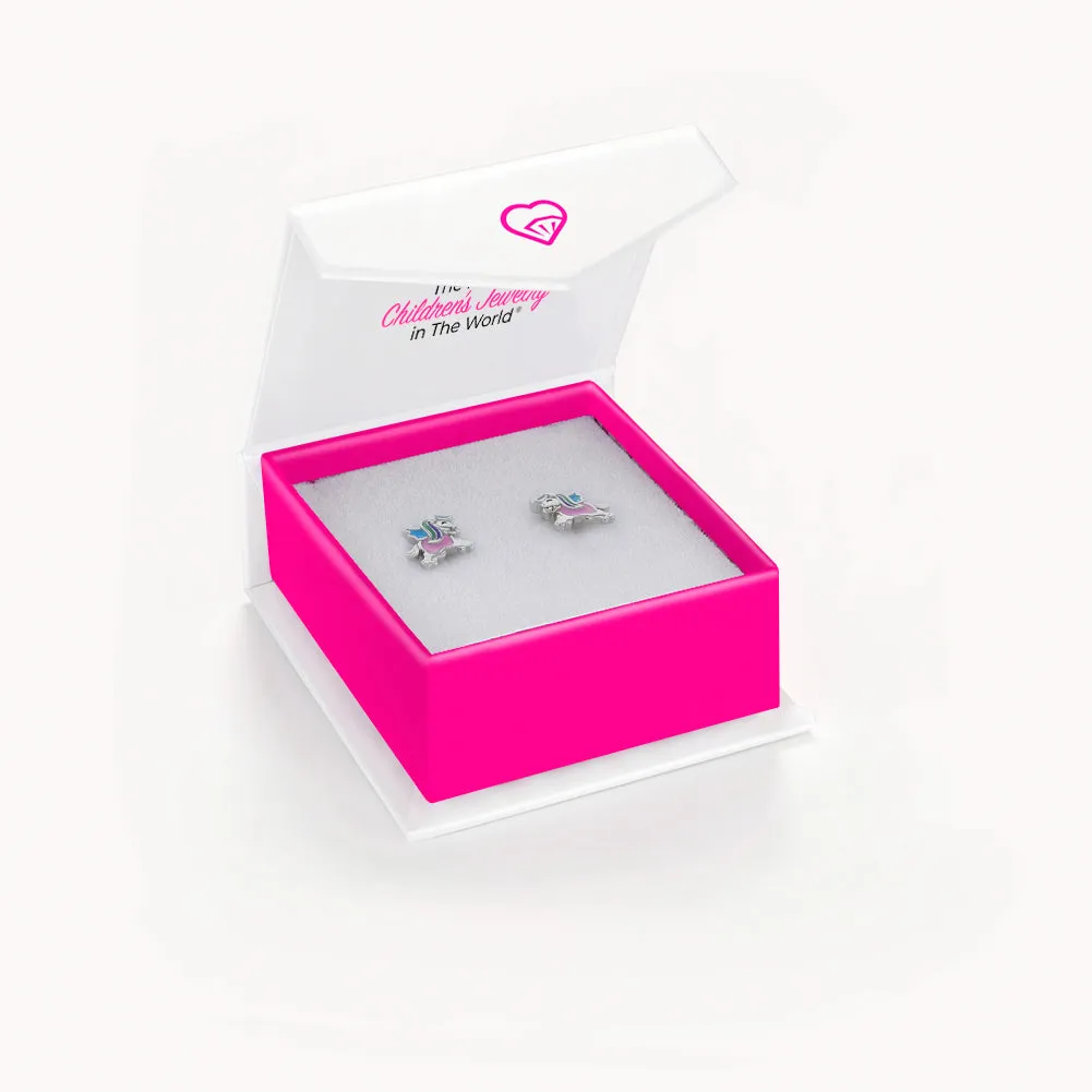 Unicorn in Flight Kids / Children's / Girls Earrings Enamel - Sterling Silver
