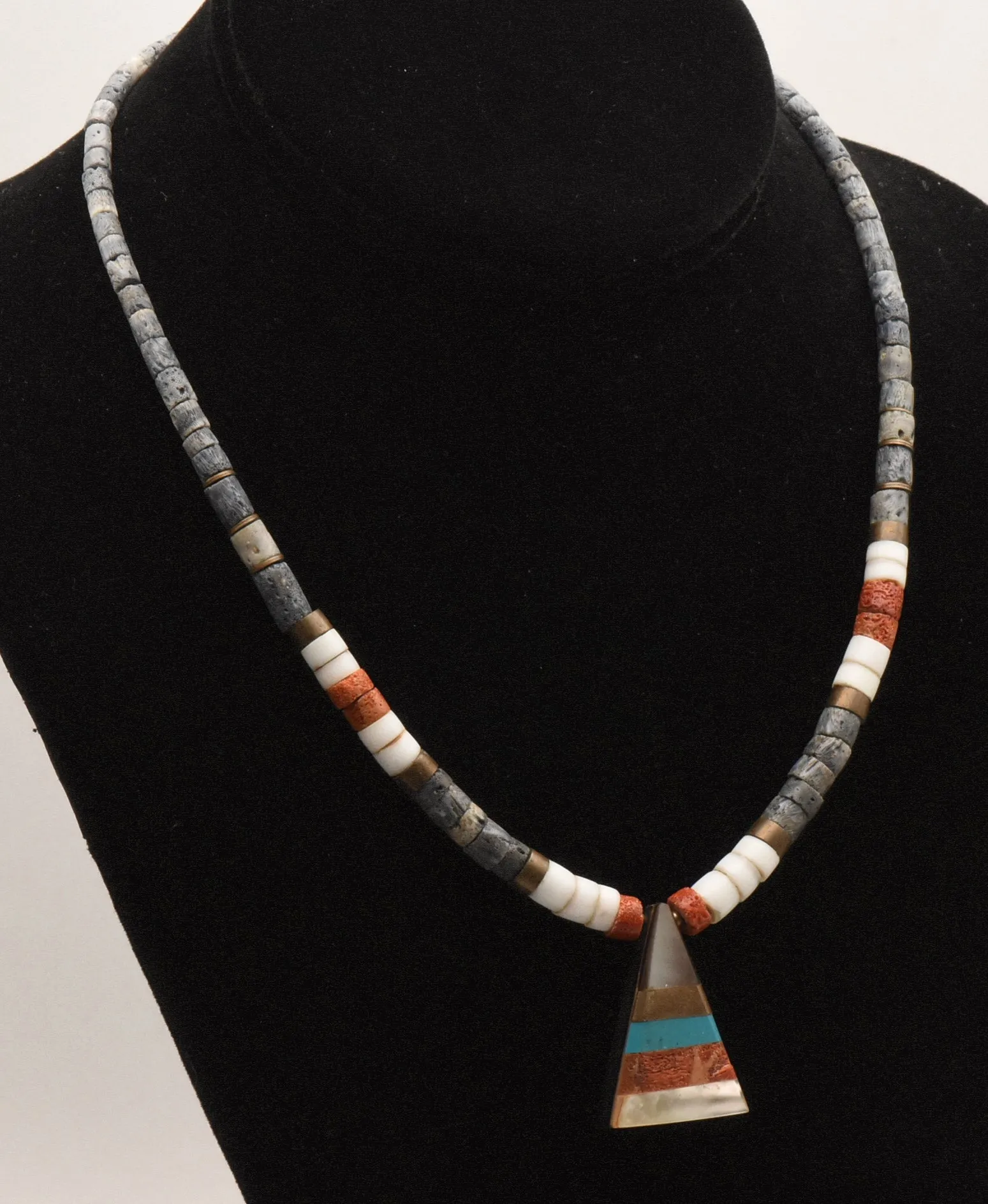 Vintage Handmade Beaded Necklace with Triangle Multi-Stone Inlaid Pendant - 17.5"