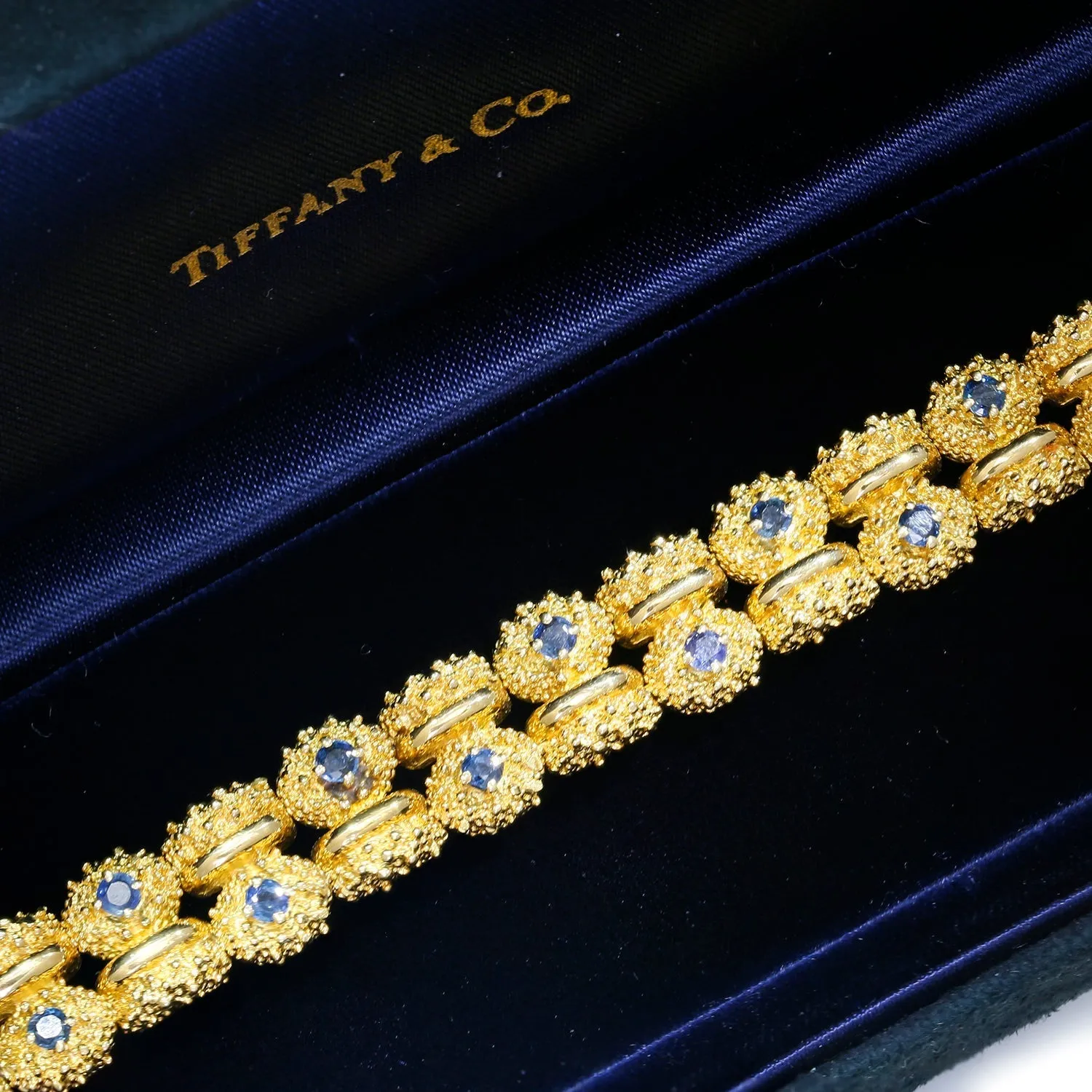 Vintage Tiffany & Co Sapphire Bracelet in Textured 18K Gold with Box
