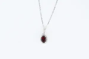 White Gold Garnet Pendant with Diamond Halo and Chain